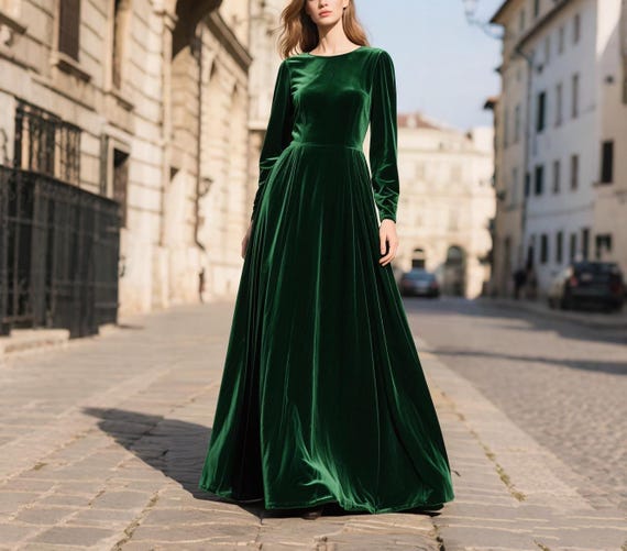Emerald Green Velvet Dress Women, Long Sleeve Velvet Floor Length Gown, Elegant Handmade Velvet Maxi Dress, Winter Formal Evening Dress
