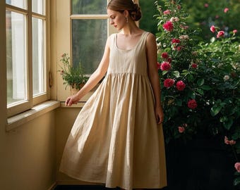 Romantic Linen Sundress Sleeveless Cottagecore Dress Handmade Summer Dress Flowy Boho Maxi Dress Vintage-Inspired Linen Dress Custom Dress