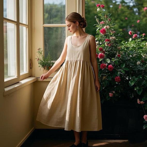 Romantic Linen Sundress Sleeveless Cottagecore Dress Handmade Summer Dress Flowy Boho Maxi Dress Vintage-Inspired Linen Dress Custom Dress