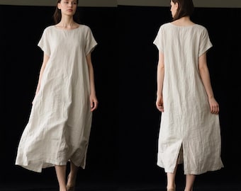 Linen Dress for Women Loose Linen Midi Dress with Pockets Minimalist Short Sleeve Summer Dress Handmade Dress with Back Slit Custom Dress