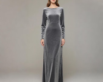 Gray Velvet Maxi Dress Women Long Sleeve Dress Floor Length Elegant Evening Gown Winter Formal Dress Minimalist Custom Dress Autumn Dress