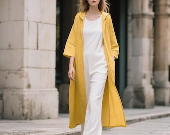 Linen Hooded Coat with Side Pockets 3/4 Sleeve Midi Linen Coat Loose Fit Linen Coat Summer Fall Coat Women Custom Coat Plus Size Clothing