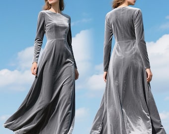 Graues Samt-Maxikleid für Frauen-Langarm-Ausschnitt-eleganter bodenlanger fließender Abendkleid-Benutzerdefinierte Kleid-Fall-Winter-Urlaubs-Party-Kleid