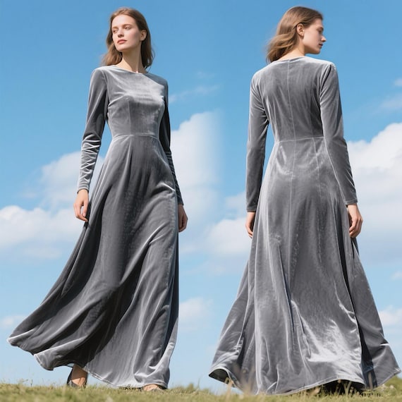 Grey Velvet Maxi Dress for Women Long Sleeve High Neck Elegant Floor Length Flowy Evening Gown Custom Dress Fall Winter Holiday Party Dress