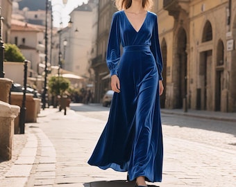 Royal Blue Velvet Maxi Dress Women Deep V Neck Long Bishop Sleeves Dress Elegant Evening Gown Fall Winter Dress Wedding Guest Party Dress