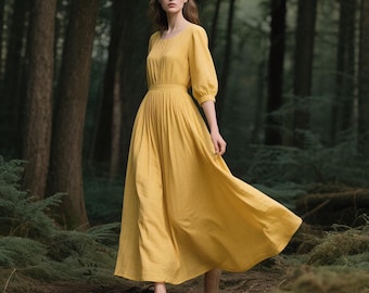 Linen Maxi Dress Custom Long Linen Dress with Half Sleeves Pockets Cottagecore Vintage Prairie Dress Summer Dress Handmade Linen Clothing