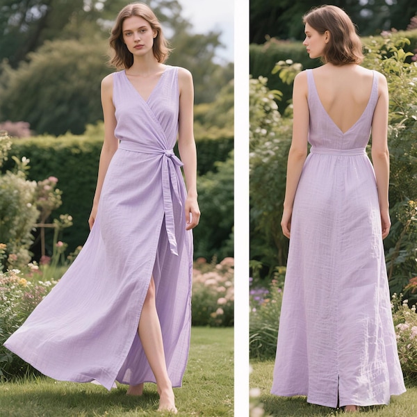 Sleeveless Linen Wrap Maxi Dress Deep V Back Tie Waist Long Summer Dress with Front Slit Handmade Custom Linen Gown Women Elegant Dress