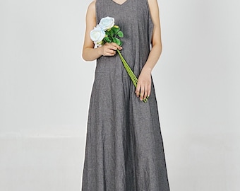Sleeveless Linen Maxi Dress with Pockets V-Neck Loose Dress Minimalist Boho Summer Fall Dress Women Flowy Casual Dress Handmade Custom Dress