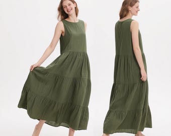Women Dress Sleeveless Tiered Flowy Dress with Pockets Linen Maxi Dress Summer Round Neck Boho Long Dress Custom Sundress Plus Size Dress