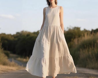 Sleeveless Linen Maxi Dress Custom Flowy Tiered Summer Dress for Women Loose Casual Dress Cottagecore Beach Dress Handmade Linen Clothing