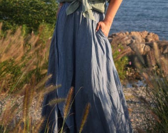 Linnen tulprok voor dames Linnen maxi-rok Elastische taillerok Casual elegante lange linnen rok met zakken zomer herfst Plus size rok