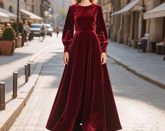 Wine Red Velvet Dress Women, Floor Length Velvet Maxi Gown, Elegant Bishop Sleeve Winter Dress, Handmade Formal Evening Dress Custom Dress
