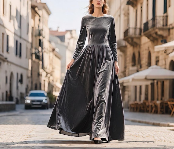 winter formal dresses maxi Gray Velvet Dress Women Long Sleeve Floor Length Evening Gown Dress Vintage Custom Dress Autumn Dress Holiday Party Dress elegant formal gala dresses