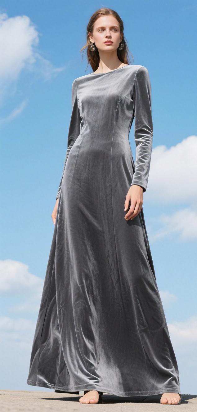light grey velvet dress Maxi Women Long Sleeve Dress Elegant Formal Evening Gown Fall Winter Dress Holiday Dress Handmade Custom Dress Party Dress filter-fabric:Faux Leather