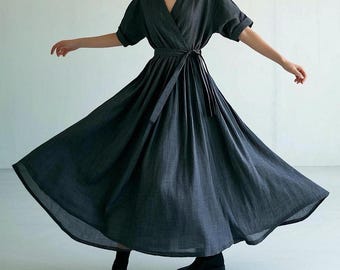 Linen Wrap Dress with Belt Half Sleeve V-Neck Flowy Maxi Dress Cottagecore A-Line Dress Summer Dress Wide Skirt Dress Handmade Custom Dress