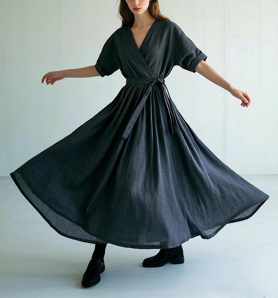 Linen Wrap Dress with Belt Half Sleeve V-Neck Flowy Maxi Dress Cottagecore A-Line Dress Summer Dress Wide Skirt Dress Handmade Custom Dress