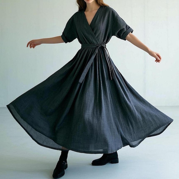 Linen Wrap Dress with Belt Half Sleeve V-Neck Flowy Maxi Dress Cottagecore A-Line Dress Summer Dress Wide Skirt Dress Handmade Custom Dress