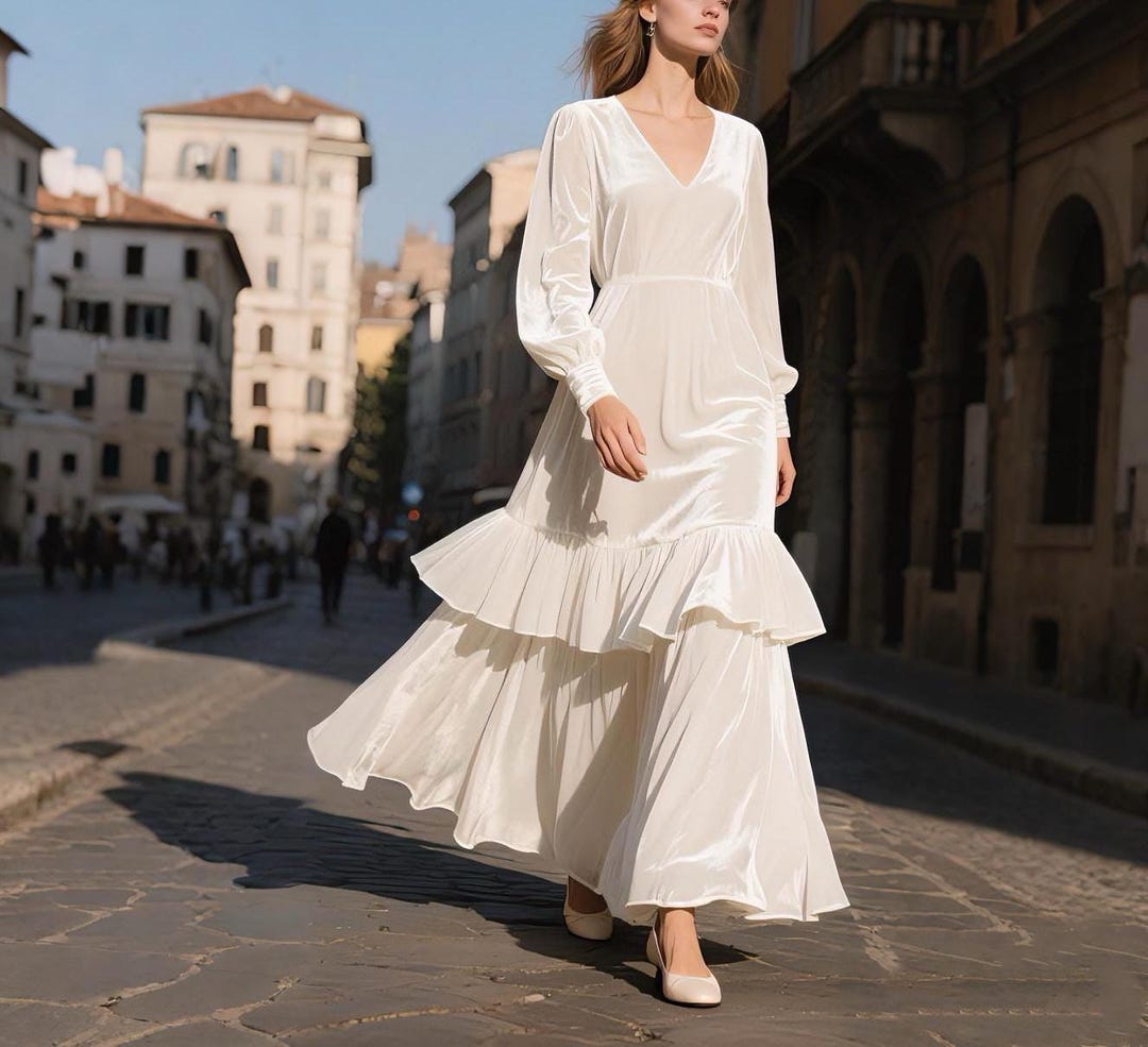 White Velvet Maxi Dress Women Long Sleeve Dress Ruffle Hem Elegant Formal Gown Fall Winter Wedding Guest Dress Holiday Party Custom Dress