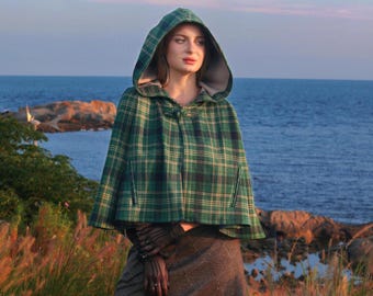 グリーンフード付きウールケープコートレディース、冬用ウールマント