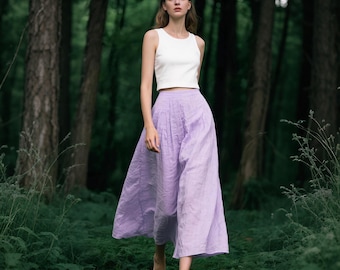 Falda de lino de corte A con cintura elástica, maxifalda de verano fluida con bolsillos, falda estilo cottagecore, falda hecha a mano personalizada, falda bohemia para mujer