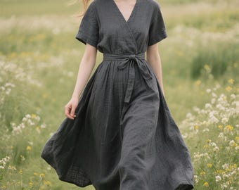 Linen Wrap Dress Women Linen Maxi Dress Linen Dress with Pockets and Short Sleeves Flowy Summer Dress Casual Dress Belted Dress Custom Dress