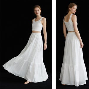 White Linen Maxi Skirt for Women Tiered Flowy Long Skirt with Elastic Waistband Boho Summer Skirt with Pockets Handmade Skirt Custom Skirt