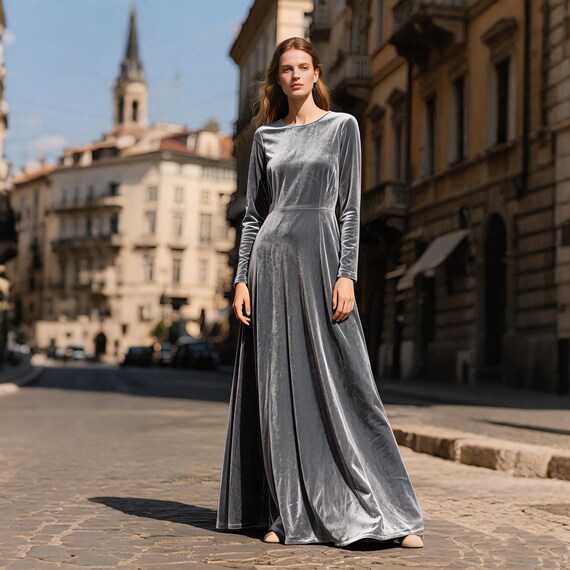 formal winter maxi dress Silver Gray Velvet Dress Women, Elegant Floor Length Velvet Gown, Long  Sleeve Winter Maxi Dress, Handmade Formal Evening Dress Custom Dress