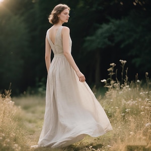 Sleeveless Linen Maxi Dress with V-Back Round Neck A-Line Summer Dress Flowy Floor Length Linen Gown Cottagecore Boho Dress Custom Dress