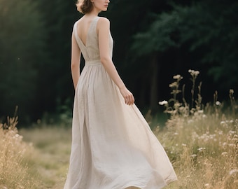 Sleeveless Linen Maxi Dress with V-Back Round Neck A-Line Summer Fall Dress Flowy Floor Length Linen Gown Cottagecore Boho Custom Dress