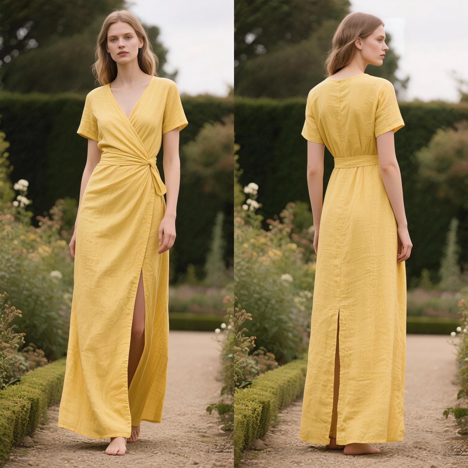 chinese dress ladies BUTTER YELLOW LINEN BUTTON-FRONT DRESS WITH RUFFLED NECKLINE main image 0