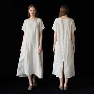 Women Linen Midi Dress with Back Slit Pockets White Linen Dress  Loose Summer Dress Short Sleeve Dress Custom Handmade Dress Casual Dress