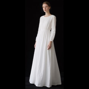 Romantic Linen Maxi Dress Long Sleeve Linen Gown with Pockets Elastic Waist A-Line Full Length Dress Spring Summer Dress Women Custom Dress