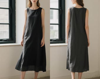 Linen Sleeveless Dress Minimalist Loose Linen Maxi Dress with Round Neck Summer Tunic Dress Soft Casual Handmade Linen Clothing Custom Dress