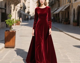 Vestido largo de terciopelo burdeos para mujer, vestido de noche largo hasta el suelo con mangas largas, vestido formal de invierno, vestido personalizado, vestido de otoño, vestido de fiesta festivo