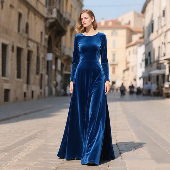 royal blue long sleeve maxi dress Velvet Women Floor Length Evening Gown Elegant Wedding Guest Holiday Formal Dress Custom Fall Winter Dress a comfortable and stylish short-name:Irregular Stripe Grey Black MakeMeChic Women's Plus Size Color:Blue/Royal