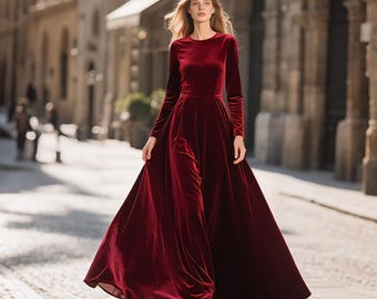 Bordeauxrode fluwelen jurk dames, vloerlengte fluwelen jurk, elegante avondjurk met lange mouwen, handgemaakte winter formele fluwelen maxi-jurk op maat
