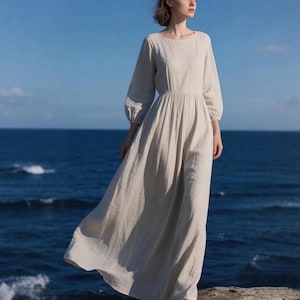 Soft Linen Maxi Dress Long Sleeve Flowy Boho Dress  Minimalist Cottagecore Dress Women Gown for Everyday or Special Moments Custom Dress