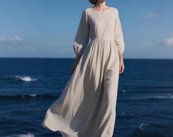 Soft Linen Maxi Dress Long Sleeve Flowy Boho Dress  Minimalist Cottagecore Dress Women Gown for Everyday or Special Moments Custom Dress