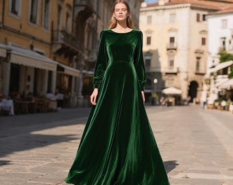 slim fit dress slacks Winter V Neck Velvet Evening Dress Long Sleeves Stretch Waist Side SL 8 / Green main image 0