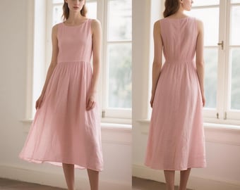Romantic Linen Midi Dress Custom Sleeveless Summer Dress with Pockets Minimalist A-Line Sundress Women Handmade Dress Soft Cottagecore Dress
