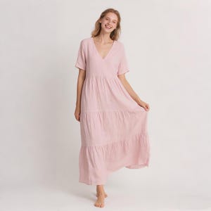 Linen Maxi Dress with Pockets V Neck Tiered Summer Dress for Women Loose Fit Boho Vacation Clothing Flowy Long Linen Dress Soft Custom Dress