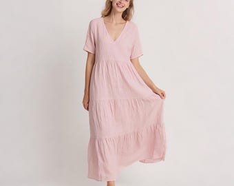 Linen Maxi Dress with Pockets V Neck Tiered Summer Dress for Women Loose Fit Boho Vacation Clothing Flowy Long Linen Dress Soft Custom Dress