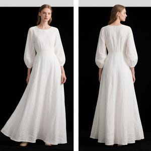 White Linen Maxi Dress with Pockets Women Long Sleeve Dress Bishop Sleeve Handmade Dress Boho Cottagecore Gown Custom Spring Fall Dress