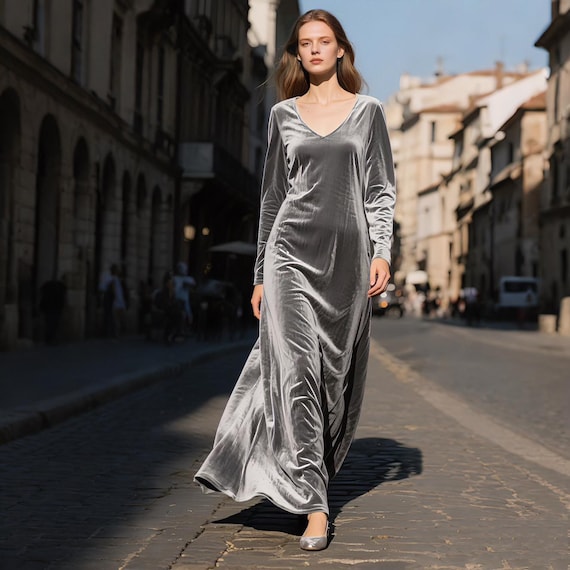 grey velvet dress outfit Silver Gray Maxi Women Long Sleeve Gown Elegant Velvet Evening Dress Formal Fall Winter Dress Wedding Guest Custom Dress LowStock:43293991305267
