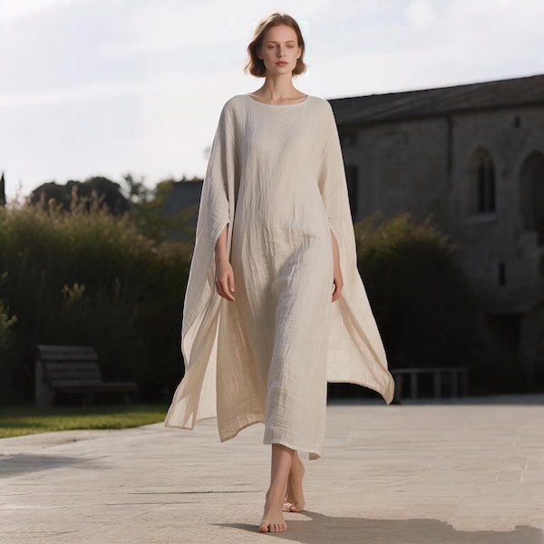 Linen Kaftan Midi Dress for Women Round Neck Oversized Caftan Spring Summer Dress with Batwing Sleeves Resort Wear Custom Dress
