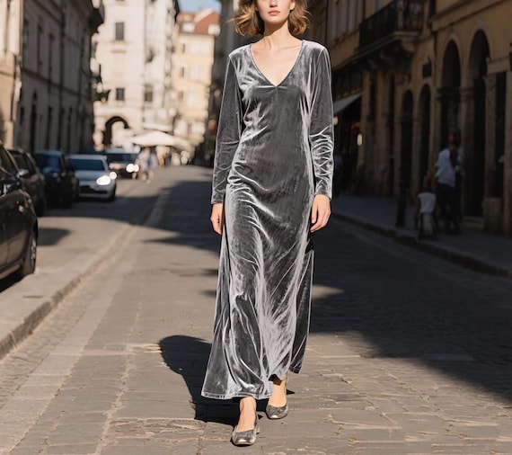 grey velvet maxi dress Gray Women Long Sleeve Velvet Gown V Neck Velvet Evening Dress Elegant Fall Winter Dress Wedding Guest Outfit Custom Dress snatchedwaist