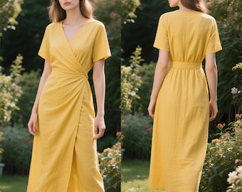 Elegant Linen Wrap Dress Women V Neck Short Sleeve Tie Waist Midi Dress Minimalist Custom Linen Clothing Summer Fall Dress Soft Yellow Dress