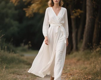 Vestido cruzado de lino blanco, vestido maxi de manga larga con cinturón, vestido bohemio de corte A hecho a mano, ropa de lino personalizada para mujer, vestido retro de primavera y otoño.