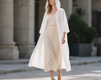 Custom Linen Midi Coat 3/4 Sleeve Hooded Coat with Side Pockets Oversized Fit Linen Coat Cottagecore Coat Summer Coat Plus Size Clothing