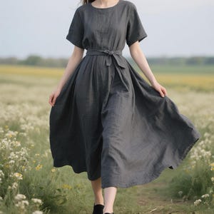 Women Linen Midi Dress Short Sleeve Round Neck with Belt Dress Flowy Casual Dress with Pockets Minimalist Summer Fall Dress Custom Dress